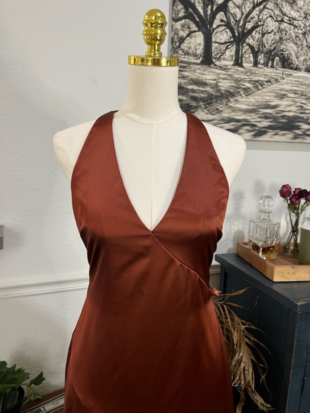 Lulu’s Satin V-Neck Slip Gown in Copper Brown NWT Medium - Picture 3 of 16